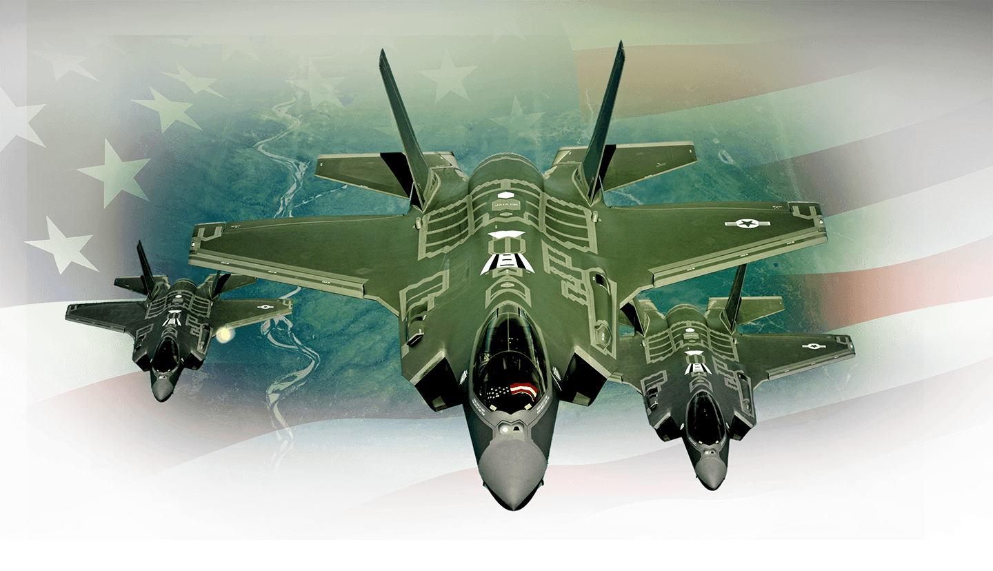Illustration of three fighter jets in formation with a stylized american flag in the background.